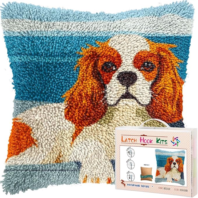 DIY Latch Hook Pillow Kits for Adults Cute Cavalier King Charles Dog Printed Pillowcase Crochet Yarns Hooking Handmade Pillow Cover Cushion for Home Sofa Decoration 17x17inch(1)