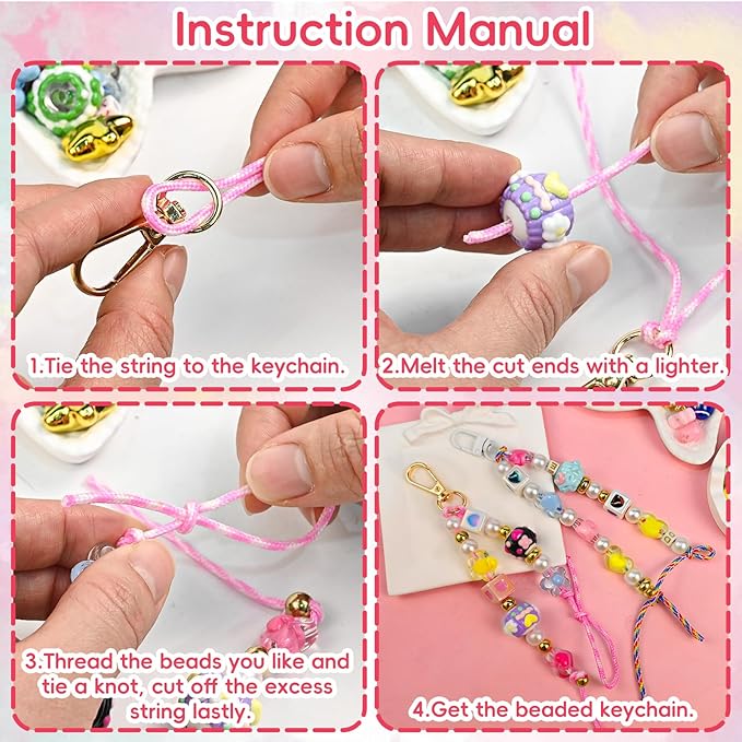 VvLons Bead Keychain Making Kit, Beaded Bag Charm Kit with Glow in The Dark Stars Beads, Colorful Hearts Flowers Bow Letter Alphabet Pony Beads, Football Keyrings Great for Gift or Party DIY Crafts