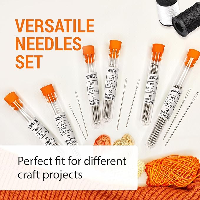 VONEEDL Large Eye Blunt Tapestry Needles (Pack of 60) - 6 Sizes with 6 Storage Tubes - Perfect for Darning, Embroidery, Cross-Stitching, Needlepoint, Crafting, Knitting, Weaving, and DIY