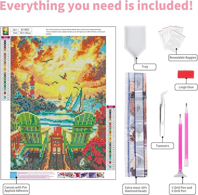 GEEHEIY Sunset Diamond Art Kits for Adults, 5D Beach Diamond Painting Kits for Beginner, DIY Full Drill Round Gem Art for Home Wall Decor 12 x16 Inch