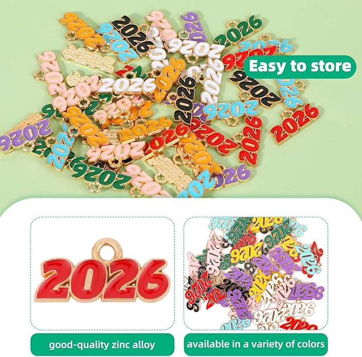 2026 Charms, 8 Colors Zinc Alloy 2026 Year Charms for Crafts New Year Graduation Tassel for Craft DIY Jewelry Making Party Decoration