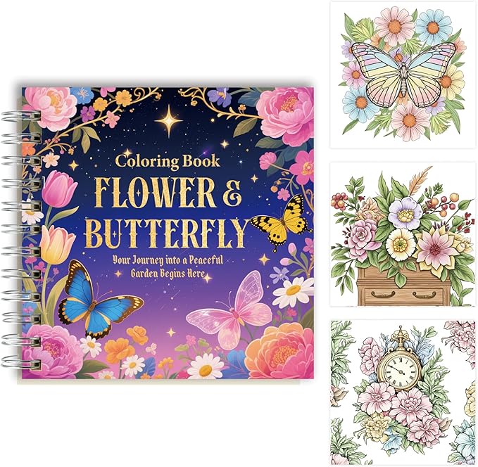 ZHIJIANHZ Adult Coloring Book for Women with Floral and Butterfly Designs,6.7x6.7 Inch 30 Pages for Relaxation and Stress Relief, Beautiful Flowers and Garden Scenes for Anxiety Relief