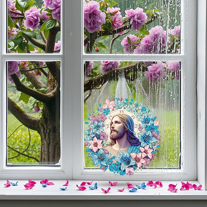 Apomelo Diamond Art Kit for Adults Jesus, Special Crystal Gem Diamond Art Hanging Pendant Kit for Decor, Jesus in Flowers