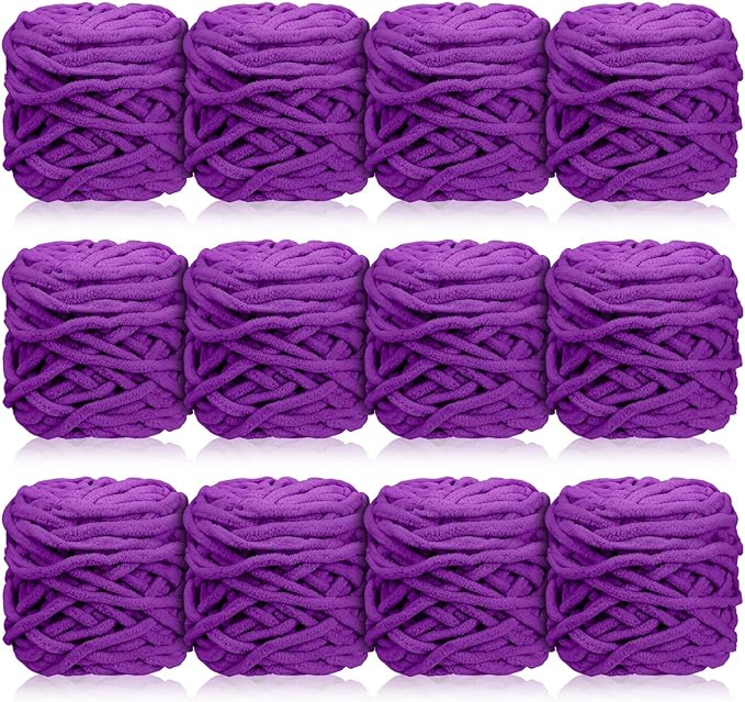 Timgle 12 Skeins Chunky Chenille Yarn for Crocheting, 552 Yards Bulky Purple Thick Fluffy Yarns Soft Velvet Plush Yarn for Hand Knitting Blanket Crafts Project