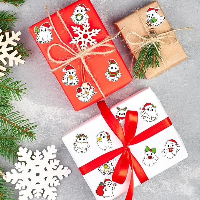 beyumi christmas cute ghost stickers - 1000pcs christmas cute ghost rolled stickers in 2 rolls xmas red santa hat boo adhesive waterproof vinyl decals holiday party school envelope scrapbooking decor