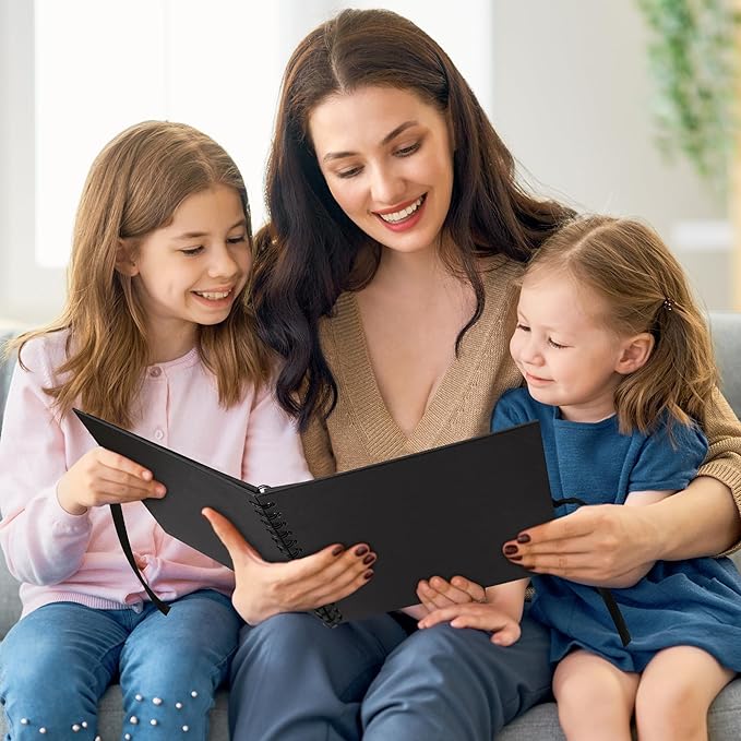 10×10 inch Scrapbook Photo Album DIY Picture Book 40 Pages, Thick Kraft Paper Scrap Book Album with Silk Ribbon Wedding Guest Book Memory Book for Baby, Family, Travel (Black)