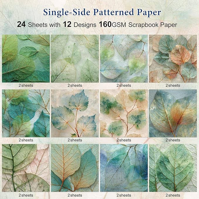 24 Sheets Green Leaves Scrapbook Paper 6'' × 6'' Single-Sided Pattern Paper Decorative Decoupage for DIY Card Craft Making Scrapbook Supplies