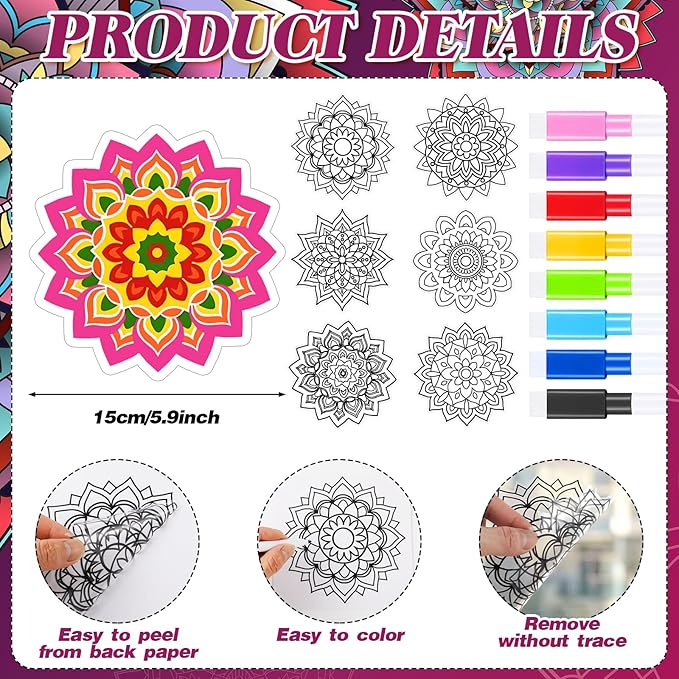 Frienda 36 Pcs Stained Glass Mandala Art Kit DIY Window Clings with Markers 6 Designs Holi Suncatchers Craft Color Your Own Spring Gift Crafts for Adults Seniors Beginners Women Elderly Home Decor