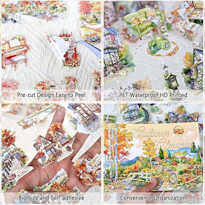 Large Transparent PET Autumn Landscape Sticker Book for Journaling, 20 Sheets Pre-Cut Scenery Stickers for Scrapbooking Supplies, Collage Decorative, 9.25 x 6.58 inches