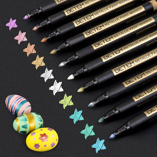 Betem Metallic Paint Markers, 10 Colors Acrylic Metallic Markers for Black Paper, 2mm Medium Tip Glitter Pens Scrapbooking Supplies, Eggs Decorating Kit, Rock, Photo Albums, Card Making Painting Kit
