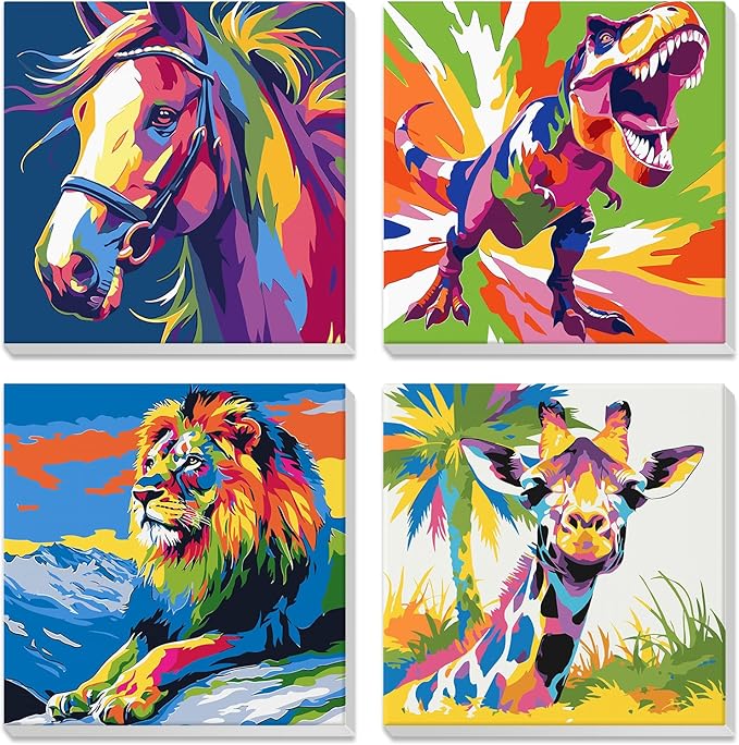 4 Pack Paint by Numbers Kit for Kids Beginner with Wooden Frame, Colorful Horse, Dinosaur, Lion, Giraffe, Paint by Numbers Kit for Adults, Rainbow Animal, Painting Kits for Home Wall Decor 8x8 inch