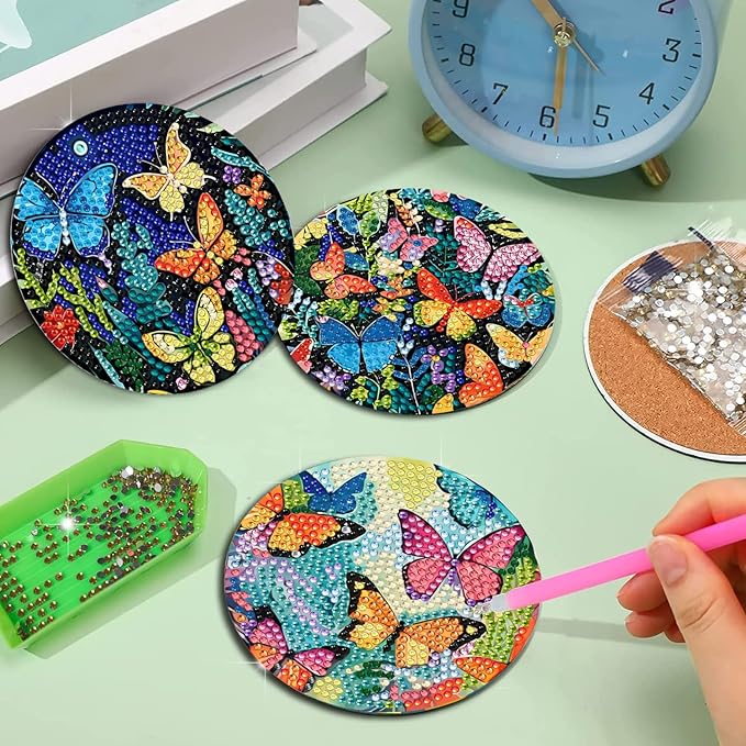 EWJRNSF 8 PCS Diamond Art Coasters Kit, Small Diamond Painting Coasters, Fall Butterfly Diamond Art Kits for Adults Beginners, Arts and Crafts Supplies Item Sets with Holder