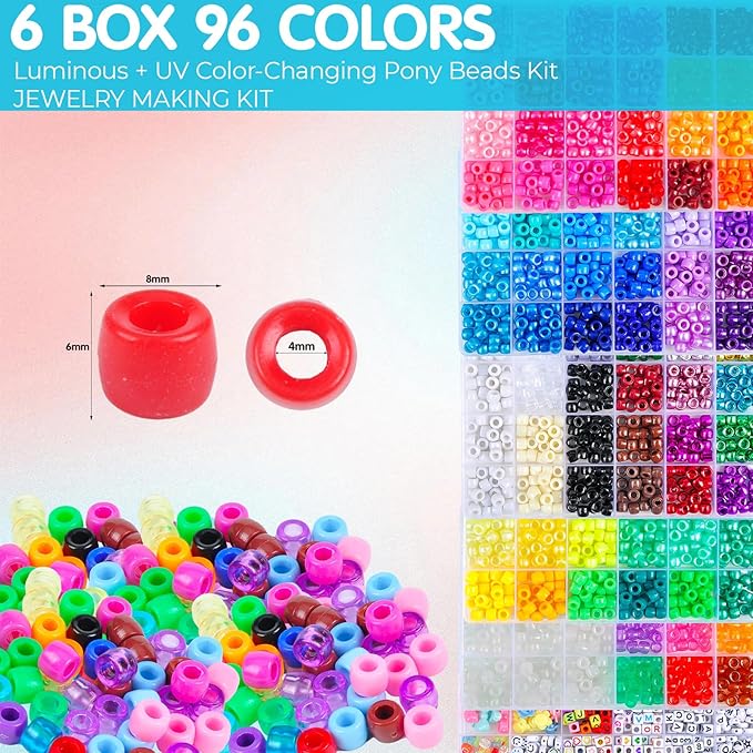 SJZWSD 6 Boxes Bracelet Making Kit Pony Beads, 8mm Kandi Rave & Hair Beads Set with UV Color Changing, Glow-in-Dark, Chrome & Alphabet Letters for Friendship Jewelry DIY Crafts