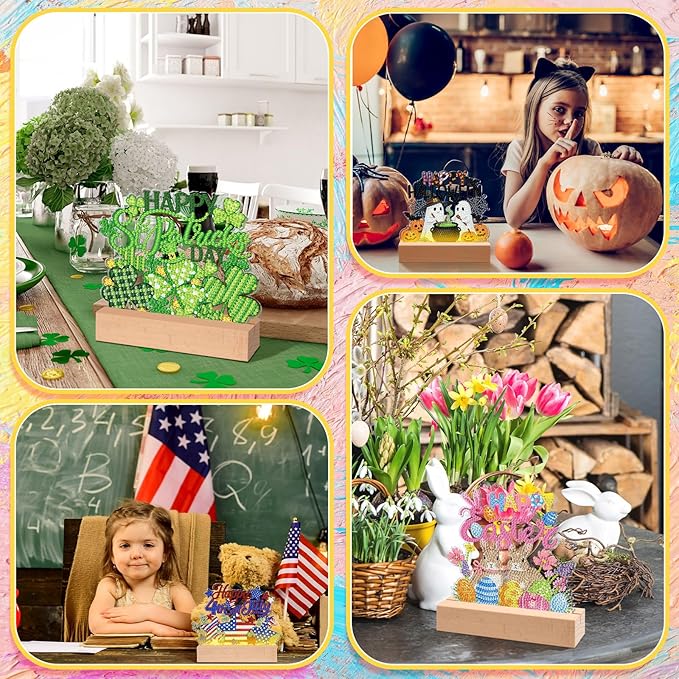 Chunful 13 Pcs Interchangeable Seasonal Diamond Art Tabletop Holiday Diamond Art Painting Kit with Wooden Light Base for Table Tiered Tray Home Office Tabletop Centerpiece Decor(Holiday)