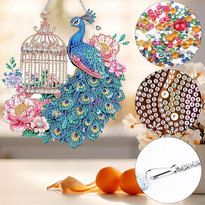 Bimkole Peacock Diamond Art Hanging Kit for Adult, DIY 5D Flowers Diamond Art Painting Window Pendant, Acrylic Crystal Art Hanging Ornament for Wall Home Garden Front Door Decor - 7.8x7.8 Inch