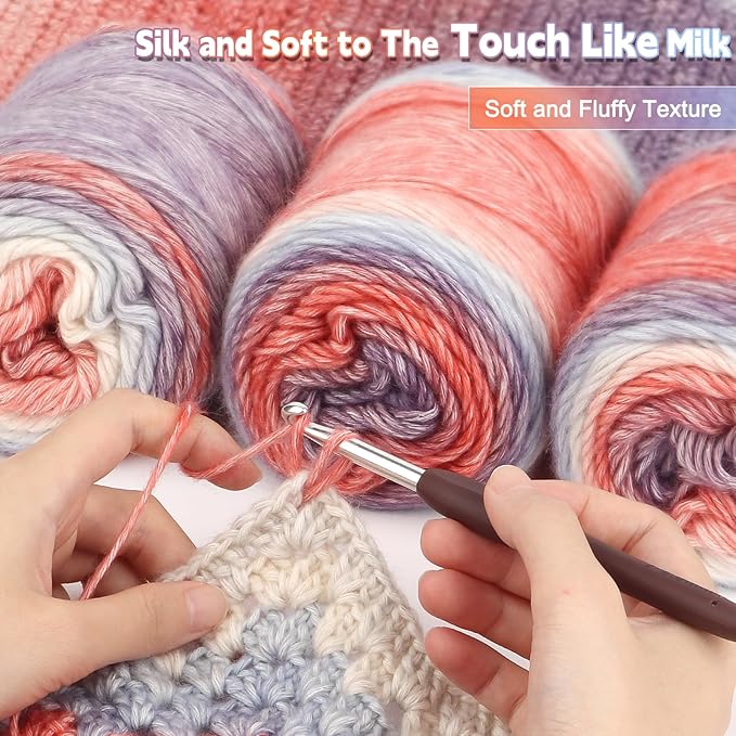 Katech Ombré Yarn for Crocheting-Gradient Cake Yarn-4x100g 60% Cotton 30% Acrylic 11% Wool-Multicolor Soft Rainbow Cotton Crochet Yarn for Scarves, Shawls, Blankets and Garments(L)