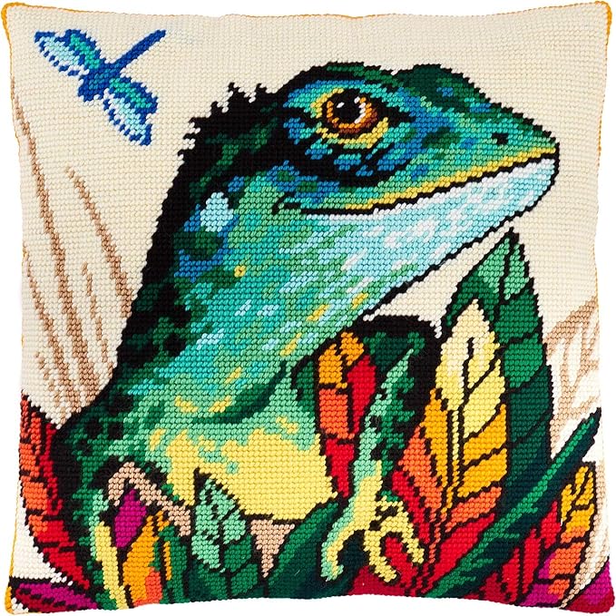 Brvsk Ferine Needlepoint Kit for Adults and Beginners — Lizard 16″ × 16″ with Clear, Precise Printed Design on Cotton Canvas; Includes 2 Needles, Yarn, and Easy-Read Chart