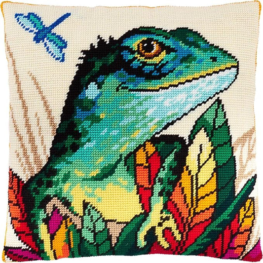 Brvsk Ferine Needlepoint Kit for Adults and Beginners — Lizard 16″ × 16″ with Clear, Precise Printed Design on Cotton Canvas; Includes 2 Needles, Yarn, and Easy-Read Chart