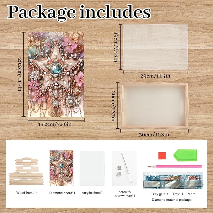 DIY Diamond Art Tray with Handle Diamond Art Painting Plate Creative Design Handmade Wooden Tray Mosaic Making Kits by Number Kits Diamond Art for Coffee Living Room Home Organizer (Five-Pointed Star)
