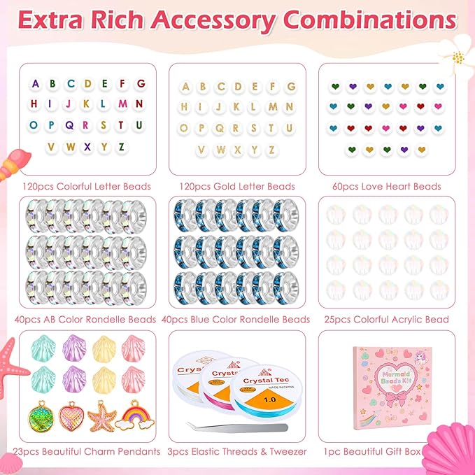 Qinzave 1074PCS Mermaid Bracelet Making Kit with Letter Beads, Bracelet Making Kit with Assorted Sizes 6mm 8mm, Mermaid Charm DIY Beads for Bracelet Necklace Earring Art Craft