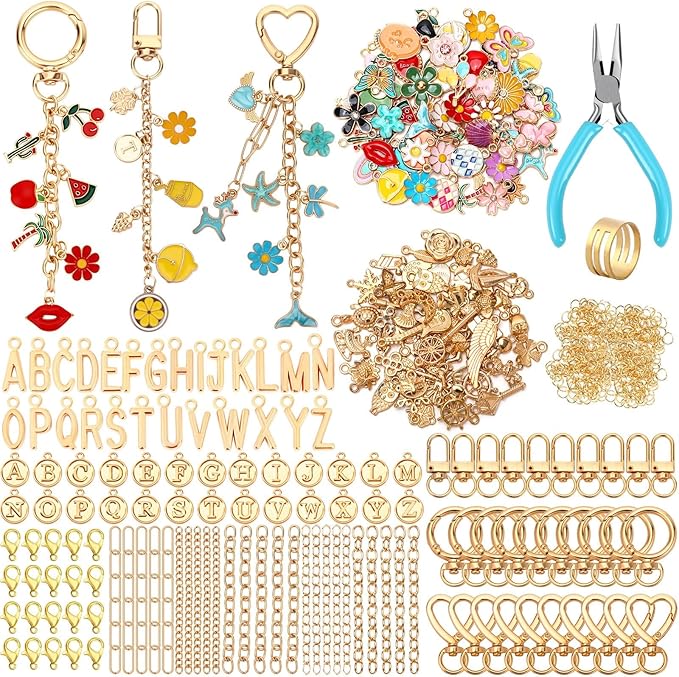 AUGSUN 439Pcs Charm Keychain Making Kit, Including 162 Charms 30 Keychain Clips Hooks 25 Extender Chains 200 Jump Rings and Jewelry Plier, Bulk Bag Charm Keychain Kit for DIY Keychains Making Craft
