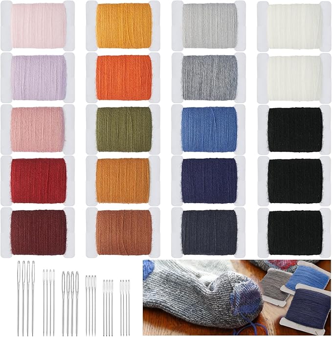 Jexine 20 Pcs Darning Thread 50% Wool 50% Acrylic Yarn 1200m Darning Kit with 24 Pcs Large Eye Sewing Needles for Clothes Socks Plush Toy Adults DIY Home Sewing Care, 60 Meters Per Yarn(Multicolor)