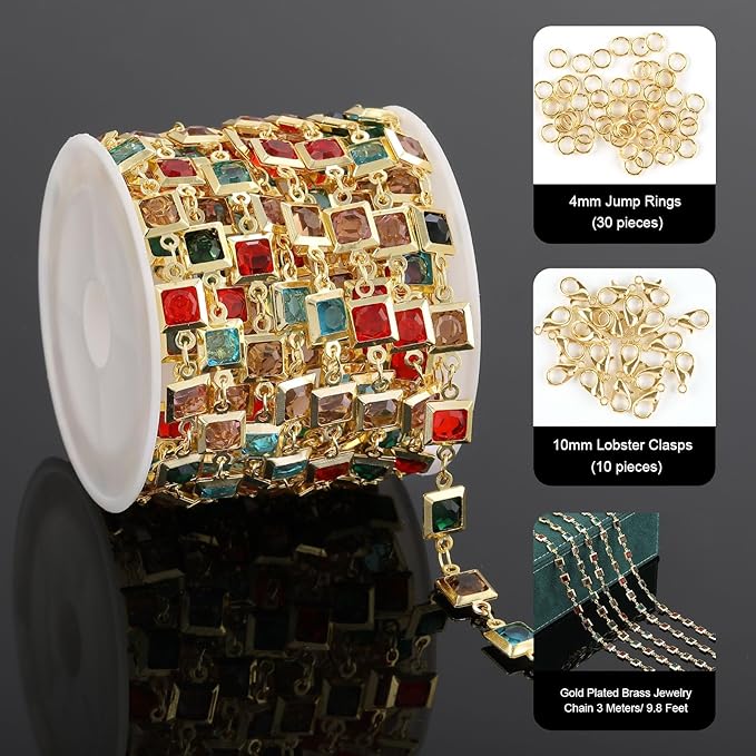 UMAOKANG 9.8 Feet 18K Gold Plated Brass Chains for Jewelry Making Colorful Square Rhinestone Jewelry Making Chain Decorative Craft Chain Roll