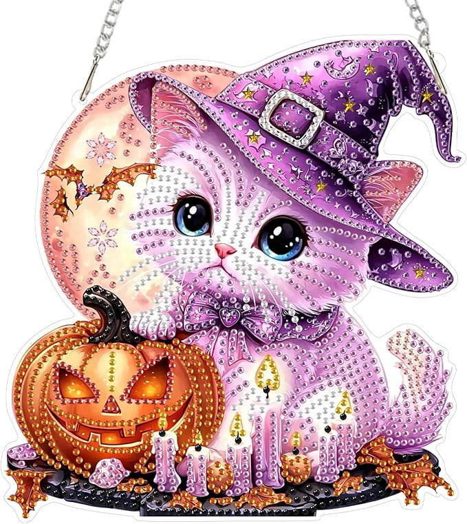 SENQAO Halloween Diamond Art Hanging Kits for Adults Beginners, DIY Acrylic 5D Special Shaped Crystal Diamond Gem Art Painting Hanging Ornament for Home Wall Decor and Gift（Cat Pumpkin Moon）