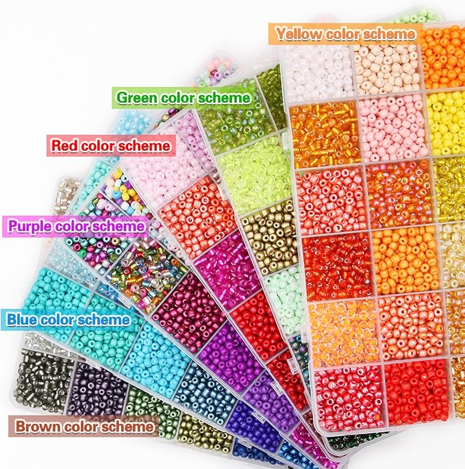 EuTengHao 28800pcs 4mm Multicolor Glass Seed Beads 6/0 for DIY Bracelet Necklaces Crafting Jewelry Making Supplies with Beading Needles Elastic Strings Tweezers (144 Colors, 200Pcs Per Color)