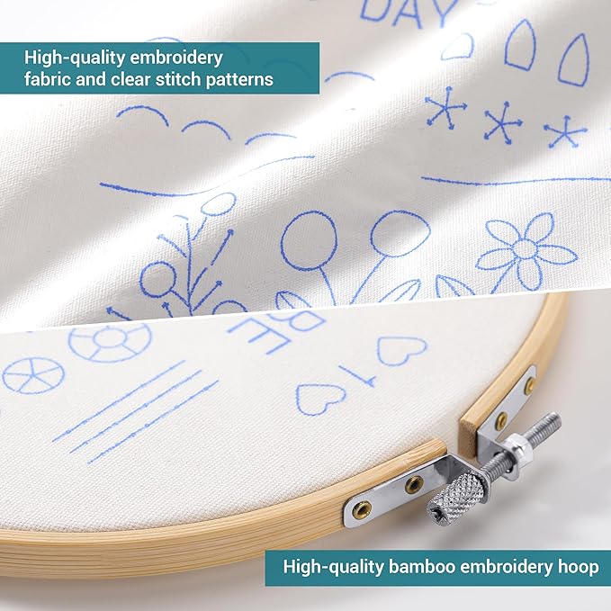 VIVIDOX 4 Sets Embroidery Kit for Beginners Adults, 25 Stitches Practice Kits Cross Stitch for Starter, DIY Hand Craft with Stamped Pattern, Bamboo Hoop, Threads, Scissors, Tools, Instruction