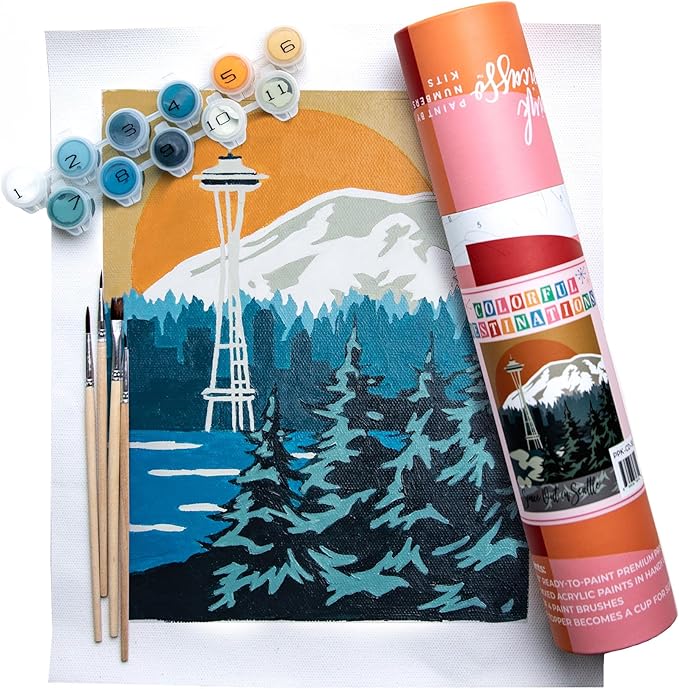 Pink Picasso Kits Colorful Destinations Paint by Number for Adults and Teens | DIY Unique Canvas Painting Kits Color by Numbers Arts & Crafts Kit | Space Out in Seattle 8x10 - Paint Kit Set