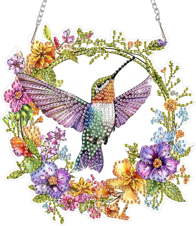 DOMROM Hummingbird Diamond Art Hanging Kit for Adult, Special Shaped Rhinestone, 5D Diamond Art Painting Window Pendants, Home Wall Art Hanging Kits, Double Sided Hanging Ornament 5.1x7.6in