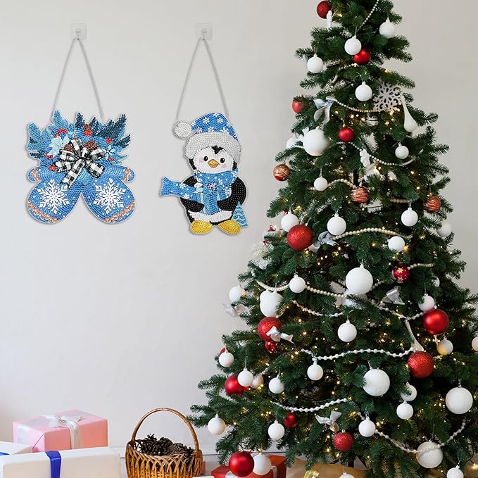 Zonon 6 Pcs Winter Diamond Painting Hanging Sign Set 5d Snowman Diamond Art Set for Adults DIY Gnome Art Pendant Ornaments Kits Acrylic Winter Tree Wreath Truck for Wall Window Decor