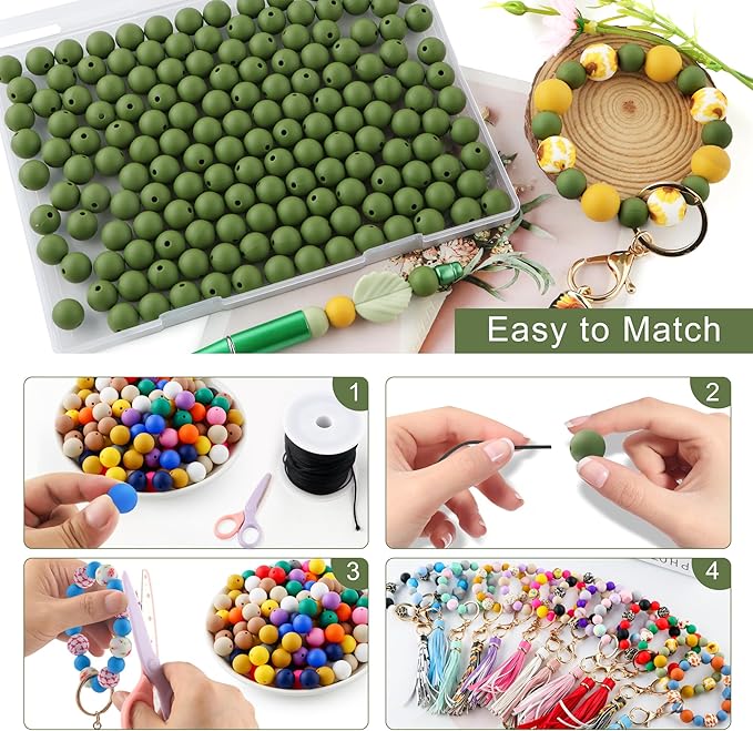 160Pcs 12mm Silicone Beads for Keychain Making Bracelet Necklace, Bulk Round Silicone Beads for Pens（Bean Green）