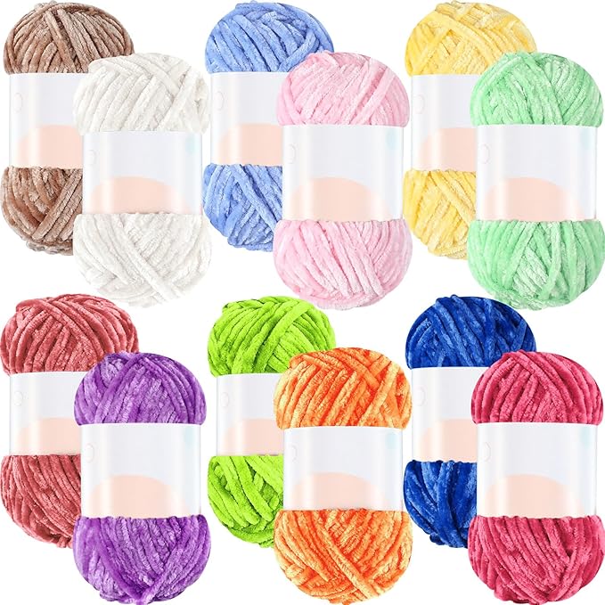 Xinnun 12 Skeins 1116 Yards Chenille Velvet Soft Thick Plush Yarn Bulk for Crocheting Knitting Blanket DIY Weaving Craft, 6mm, 3.5 Oz/Skein(Fresh Color)