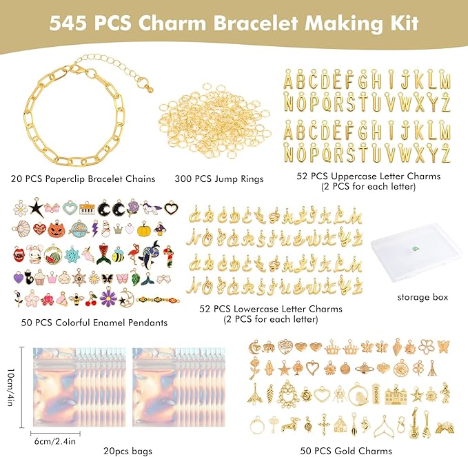 Zplontya Gold Charm Bracelet Making Kit - 545 Pcs Jewelry Making Supplies with 20Pcs Bracelet Chains, Storage Box & Gift Bags, DIY Bracelet Kit for Jewelry Making, Gold Charms for Crafting