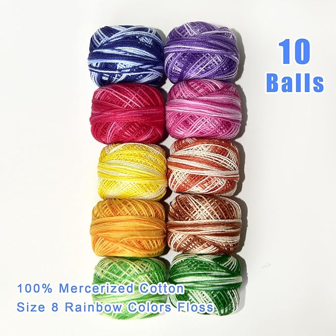 Crochet Thread 10 Balls Cardinal Size 8 for Crochet Hardanger Cross Stitch Needlepoint Hand Embroidery (Variegated Dark Colors Series)