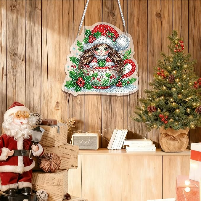 EMIEAUFG Christmas Diamond Art Hanging Kit for Adult, Xmas Girl Diamond Art Pendants, Double Sided Acrylic & 5D Special Shaped Rhinestone, Christmas DIY Ornament for Window Home Wall Decor