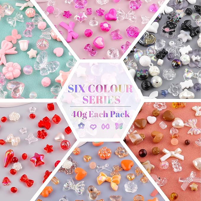 400-450pcs tinkrstuff assorted acrylic beads for bracelet making, cute bead for jewelry making flower bow butterfly candy gummybear kawaii aesthetic beads, diy necklace keychain phone charms(6 colors)