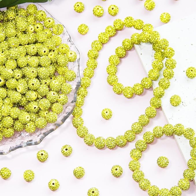100 Pcs 10mm Rhinestone Beads for Jewelry Making, Yellow Shiny Round Shamballa Disco Baseball Necklace Beads Sparkle Crystal Clay Pave Rhinestones Bead for DIY Bracelet Earring Craft Making Supplies