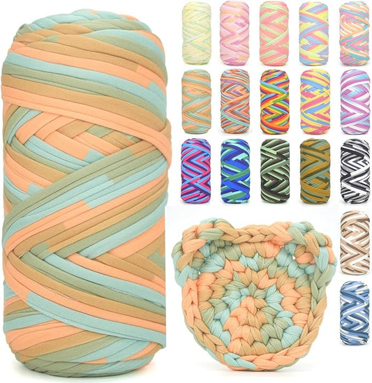 Tshirt Yarn for Crocheting,Rainbow T Shirt Chunky Elastic Fabric Thick T-Shirt Crochet Yarn for Beginners Crocheting Hand Knitting Bag/Basket/Coasters/DIY Crafts/Home Decor 200G-Green Orange Blue