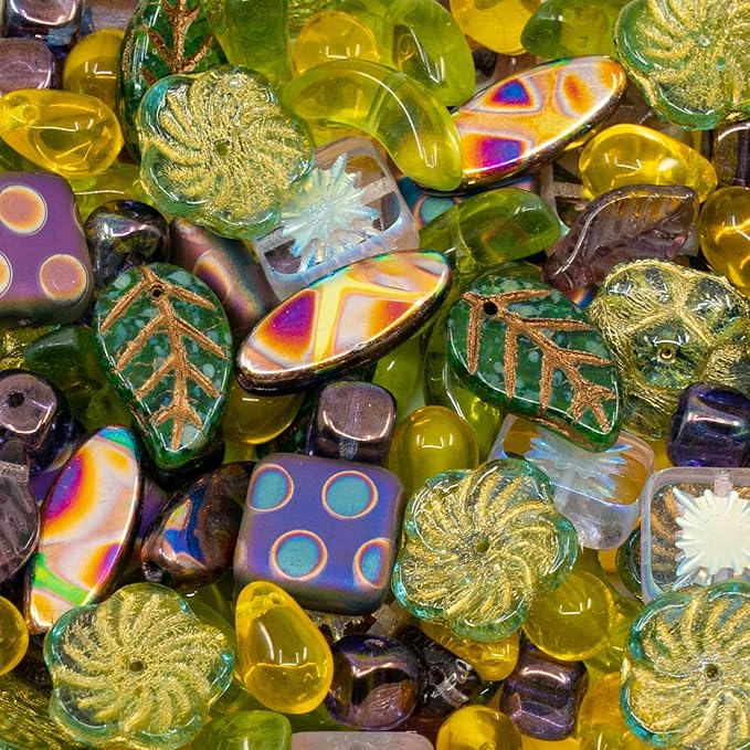 1.4oz (40g) Limited Mix of Czech Glass Beads, Hand Made Set Kit, Green Purple Yellow Drop