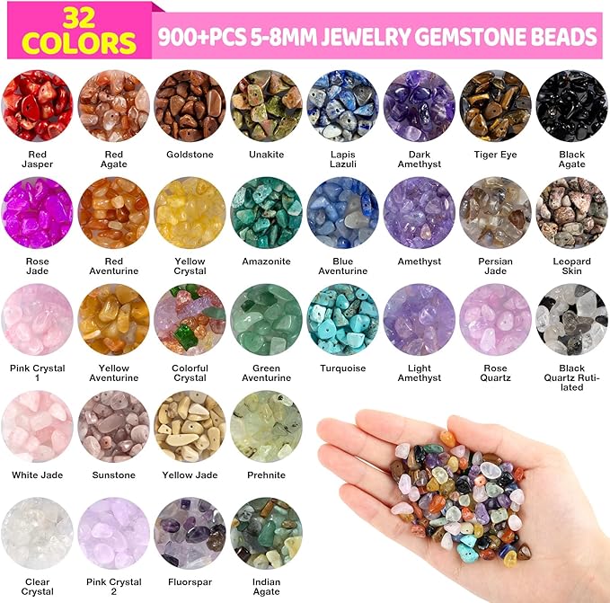 funtopia 32 colors crystal beads for jewelry making,1200 pcs natural stone beads bracelet making kit adults 5-8mm irregular crystals and gemstones chips for bracelet necklace earring diy craft