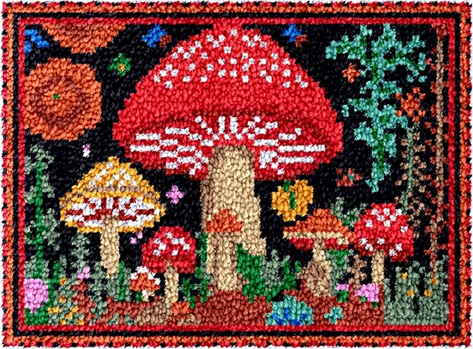 Mushroom Latch Hook Rectangle Rug Kits for Adults Needle Crochet Yarn Embroidery Carpet Hook and Latch Kit Floor Mat Tapestry Christmas Home Decoration 52x38cm(1)