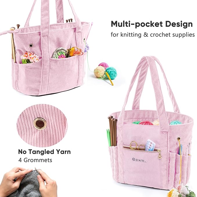 Corduroy Crochet Bag 11.5" Large Yarn Storage Tote with Grommets, Needle Holders – Knitting Bag Organizer for Crochet Hooks, Accessories, Tools & Projects –Gift for Knitters & Crafters