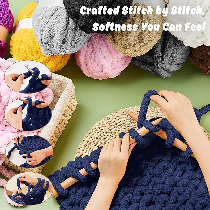 Inhand 8 Pack Chunky Chenille Yarn for Crocheting–30.6 Yards, 7.7oz, Soft Fluffy Thick Yarn,Gifts for Men/Women Birthday Christmas Unique,Hand Knitting for Blankets&DIY Crafts (Navy Blue)