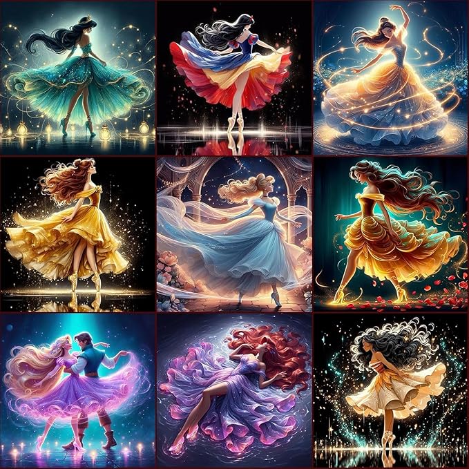 KEYRANKE 9 Pack Diamond Painting Kits for Adults 5D DIY Princess Diamond Art Kit Paint with Round Full Drill Diamonds for Beginners Gem Paintings Art for Home Wall Decor Gifts(12X12 Inch)