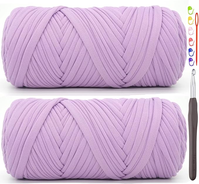 2 Pack Tshirt Yarn for Crocheting,Purple T Shirt Chunky Elastic Fabric Thick T-Shirt Crochet Yarn for Beginners Crocheting Hand Knitting Bag/Basket/Coasters/DIY Crafts/Home Decor 2*200G(Light Purple）
