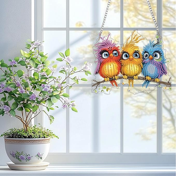 QENSPE DIY Hanging Diamond Painting Pendant Kit Animal, Birds Diamond Art Ornament Kit Acrylic Board for Window,Easy Crystal Pendant Gem Art for Home Garden Wall Decor,20x20cm