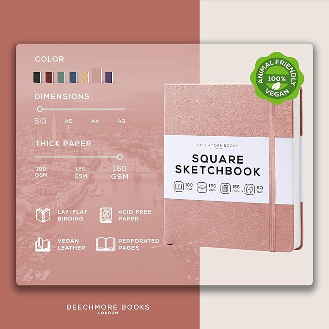 Beechmore Books Square Mixed Media Sketchbook - 8x8 Inch Professional Art Journal, 160 GSM / 98 lb Ivory Paper, Perforated Pages, Vegan Leather Hardcover, Lay-Flat Design for Drawing & Doodling